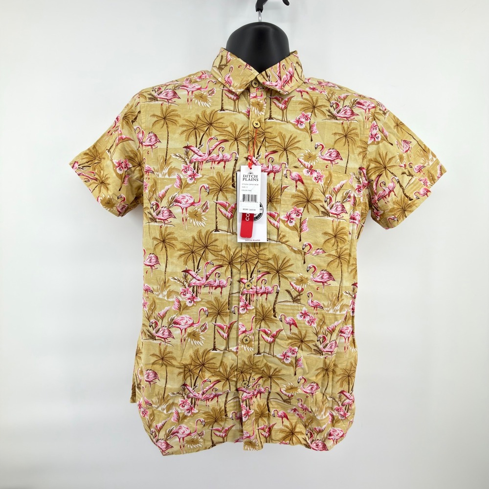 NWT Ditch Plains Ricky Singh Flamingo Palm Tree Hawaiian Shirt Mens Small Tan